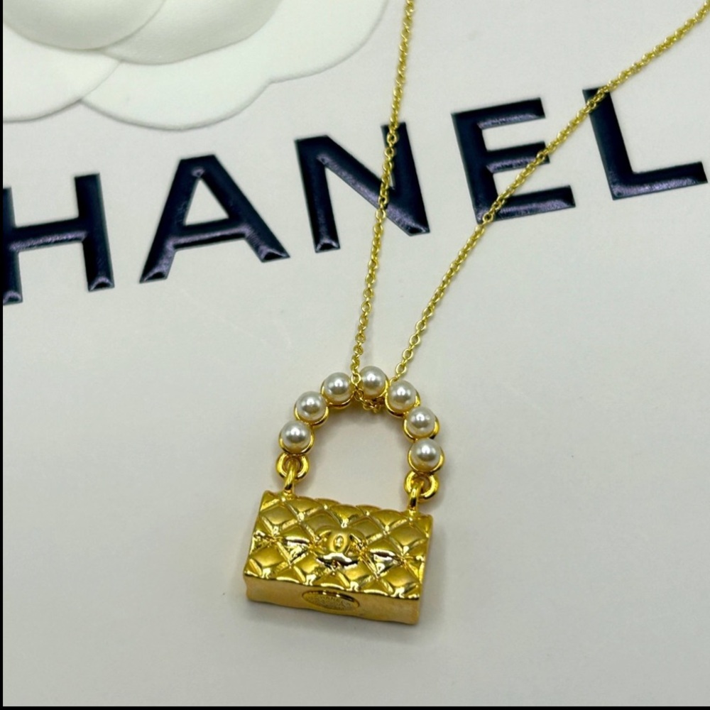 CHANEL Handbag Pendant CC Logo Pearl Detail Stamped Bag Shaped Gold Charm